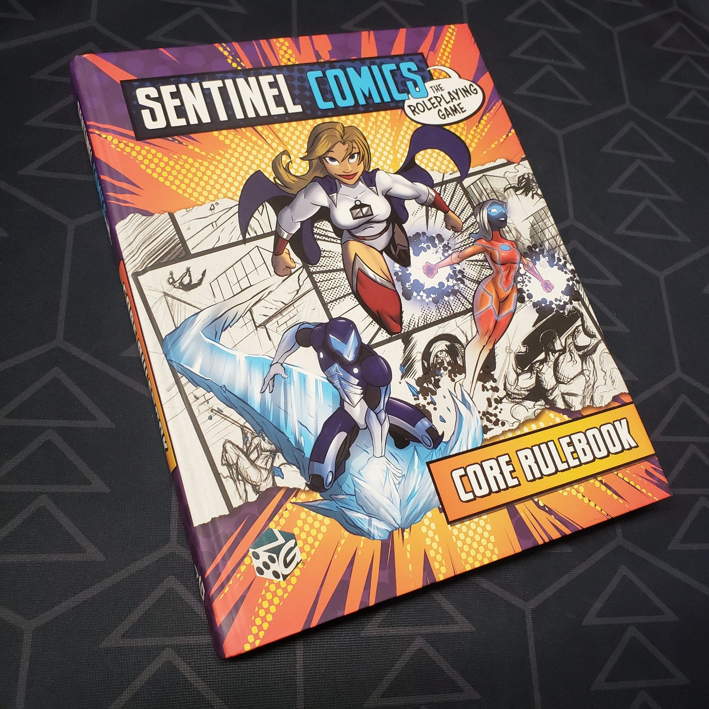 Image shows the front cover of the core rulebook for the roleplaying game Sentinel Comics