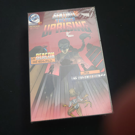 Image shows the front cover of the box of the Uprising expansion for the board game Sentinel Tactics