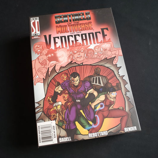 Image shows the front cover of the box of the Vengeance expansion for the Sentinels of the Multiverse card game