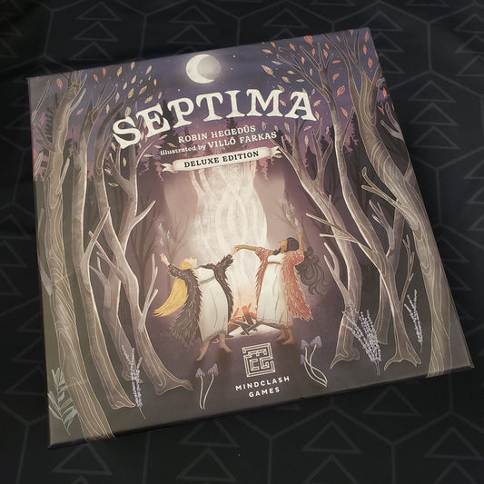 Image shows the front cover of the box of the deluxe edition of the board game Septima
