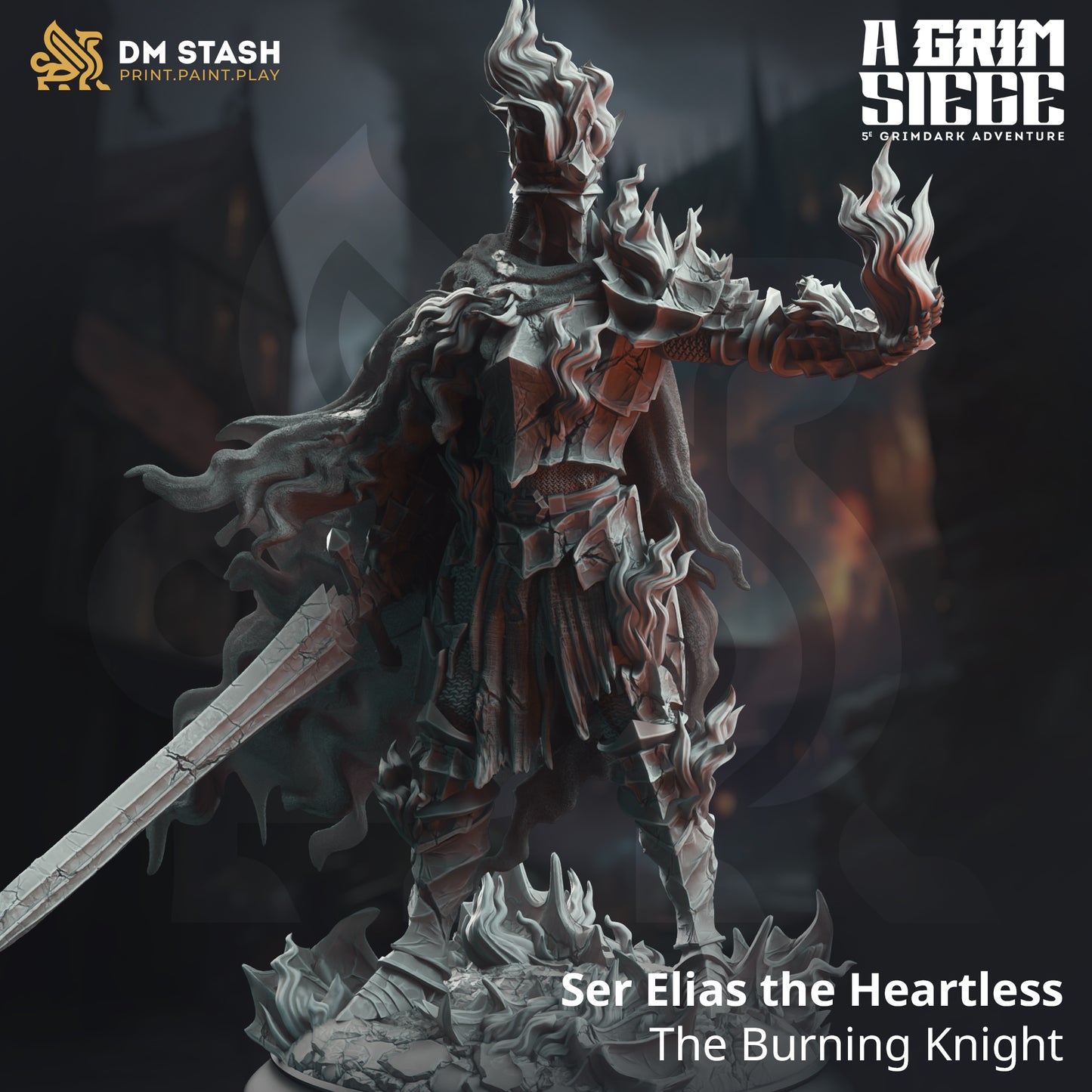Image shows a 3D render of a flame-cursed knight gaming miniature.