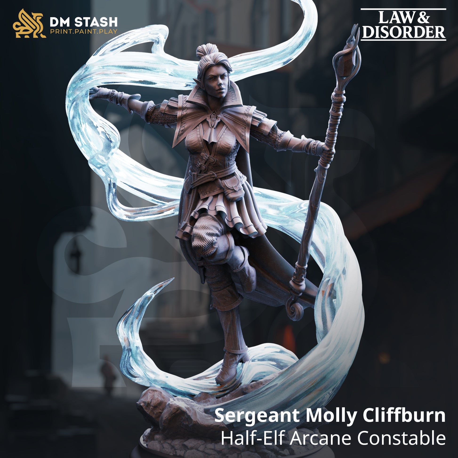 Image shows a 3D render of a half-elf wizard gaming miniature.