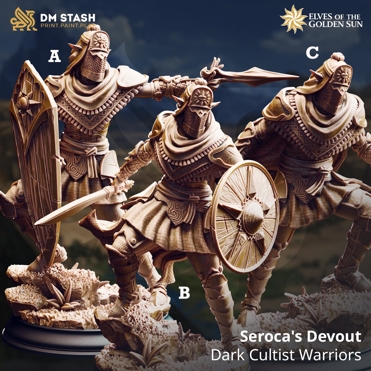 Image shows 3D renders for three different sculpt options of a elf soldier gaming miniature.