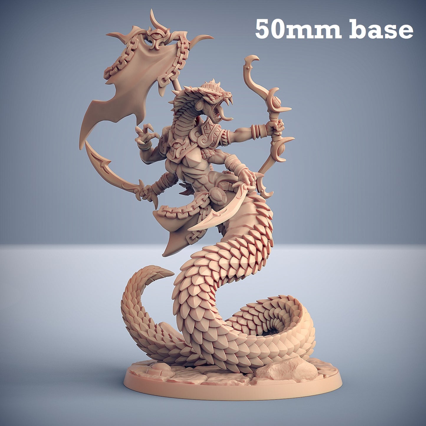 Image shows a 3D render of a yuan-ti warrior gaming miniature.