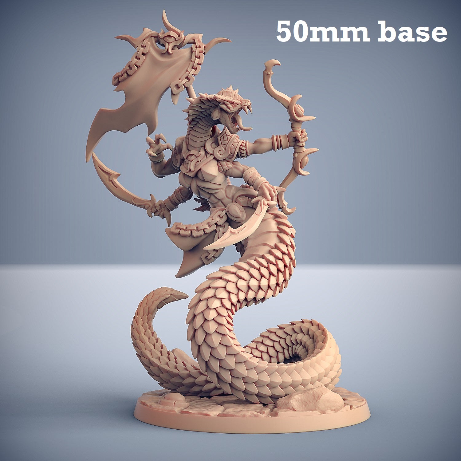 Image shows a 3D render of a yuan-ti warrior gaming miniature.