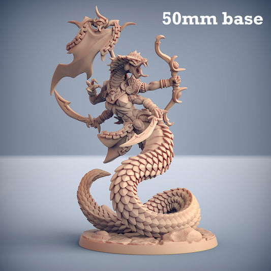 Image shows a 3D render of a yuan-ti warrior gaming miniature.