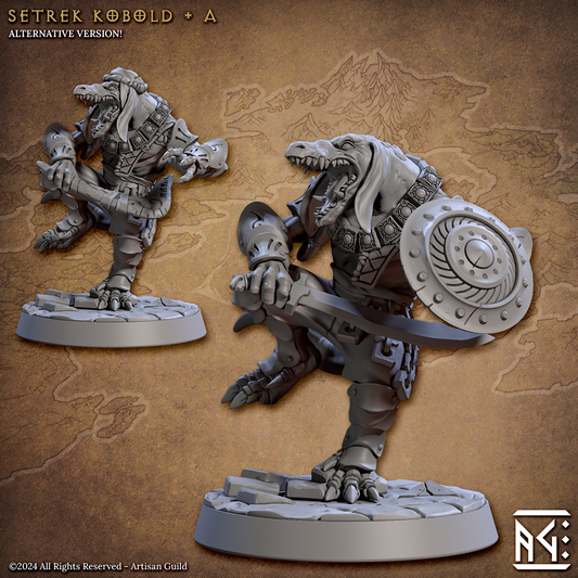 Image shows an 3D render of two options for a kobold gaming miniatures, one holding a scimitar & shield and one holding a boomerang wearing a hat 