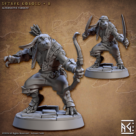 Image shows an 3D render of two options for a kobold gaming miniature, one holding two scimitars and one holding a bow with a quiver of arrows on their back