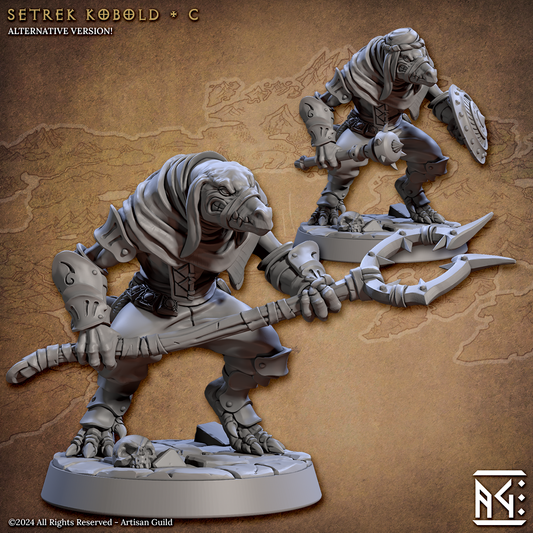 Image shows an 3D render of two options for a kobold gaming miniature, one holding mancatcher staff and one holding a mace & shield