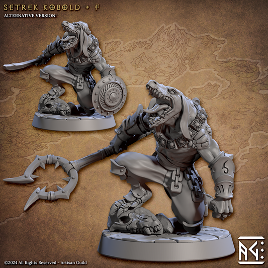 Image shows an 3D render of two options for a kobold gaming miniature, one holding a scimitar & shield and one holding a mancatcher staff