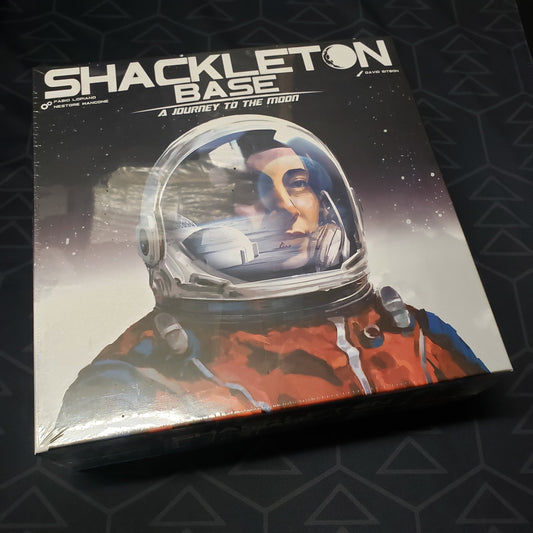 Image shows the front cover of the box for the Shackleton Base board game