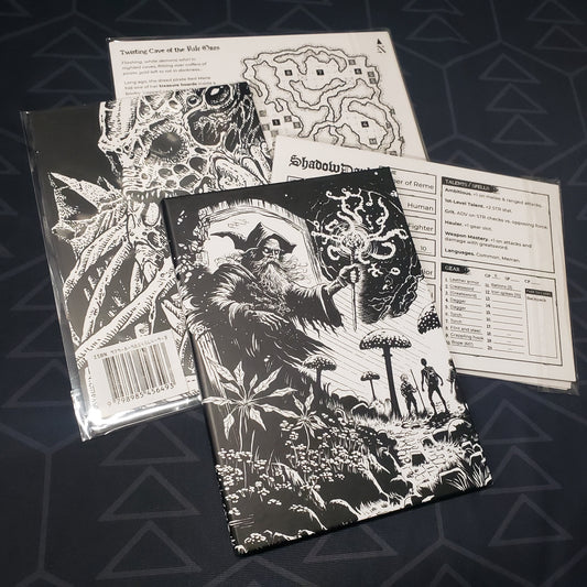 Image shows the front panel of the Gamemaster's Screen for the roleplaying game Shadowdark, surrounded by bonus content packs