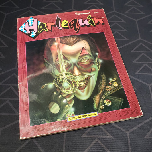Image shows the front cover of the Harlequin book for the roleplaying game Shadowrun: First Edition