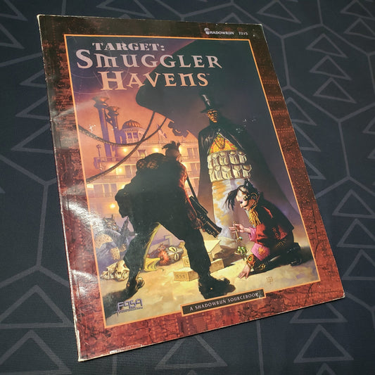 Image shows the front cover of the Target: Smuggler Havens book for the roleplaying game Shadowrun 2E