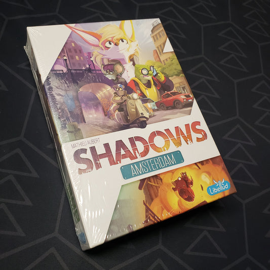 Image shows the front cover of the box for the Shadows: Amsterdam board game
