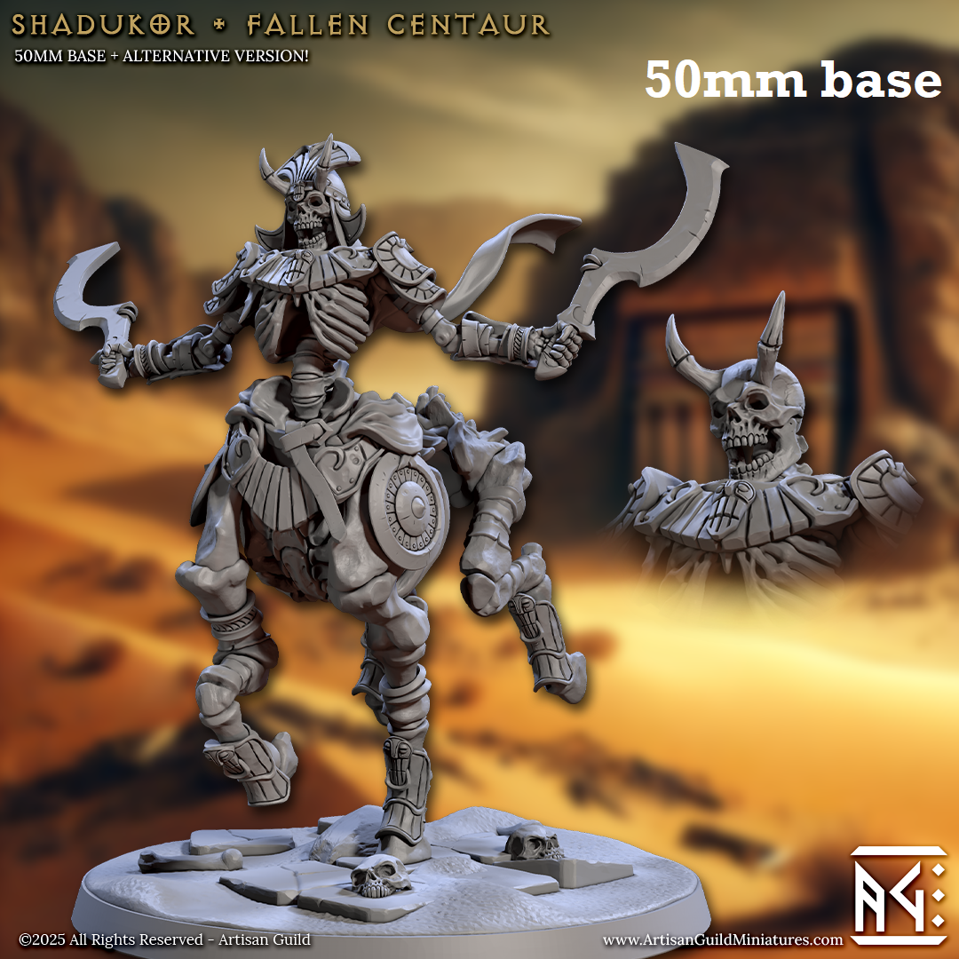 Image shows a 3D render of a skeleton centaur gaming miniature.