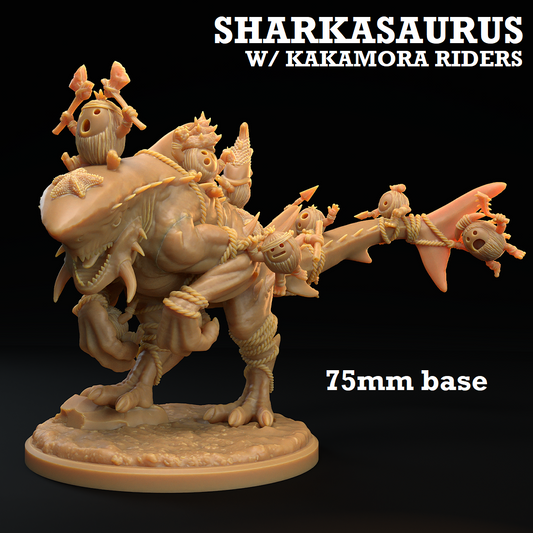 Image shows a 3D render of a shark dinosaur gaming miniature being ridden by coconut minions