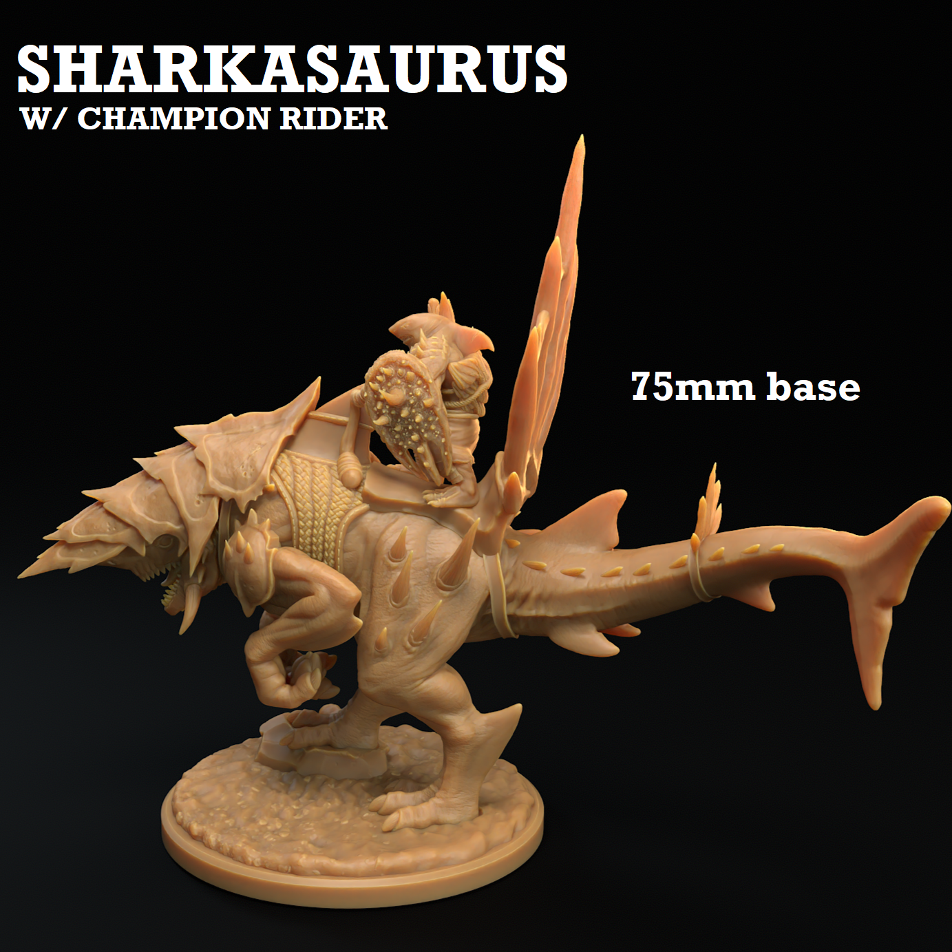 Image shows a 3D render of a shark dinosaur gaming miniature being ridden by a sharkfolk warrior