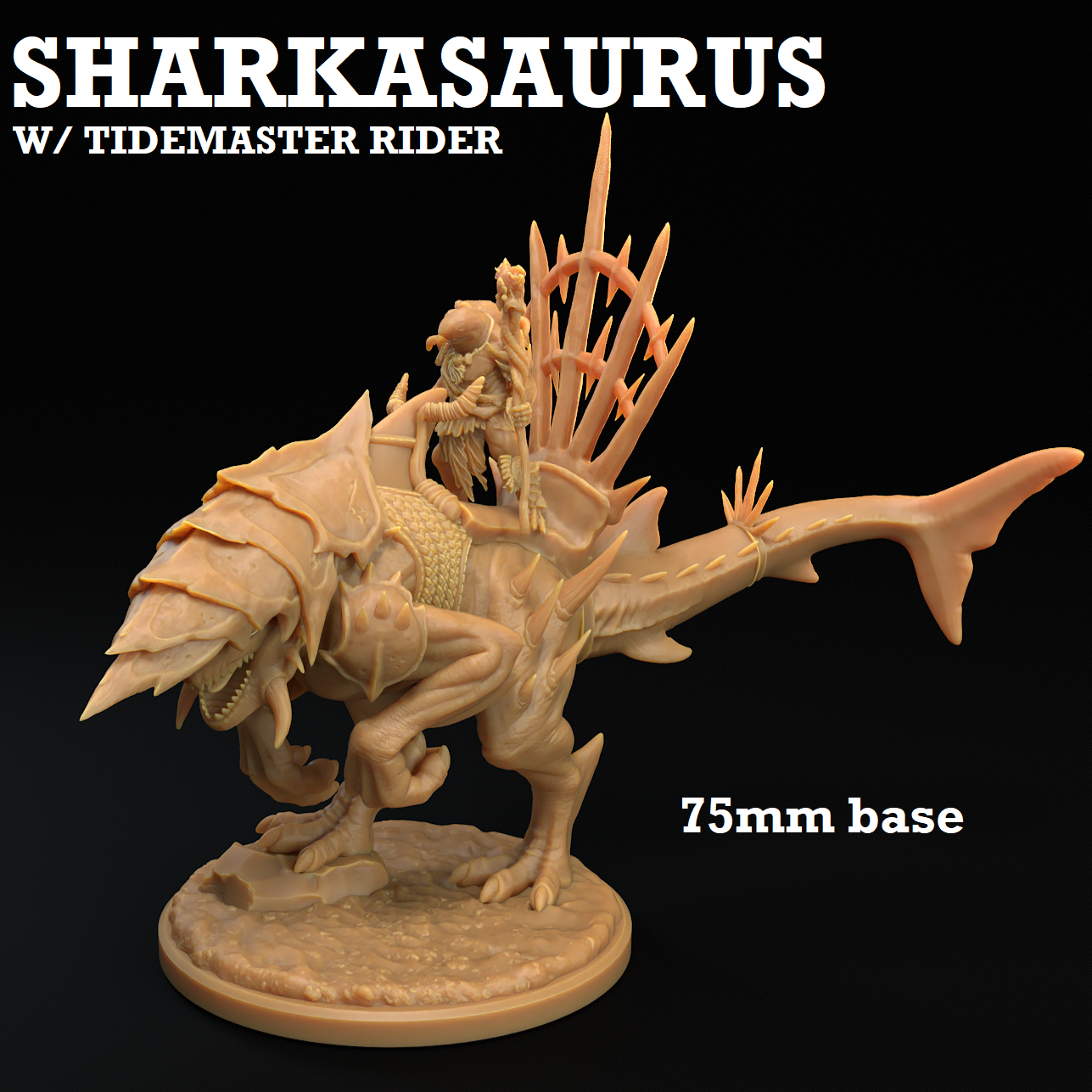 Image shows a 3D render of a shark dinosaur gaming miniature being ridden by a sharkfolk shaman