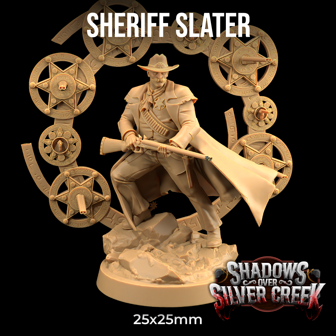 Image shows a 3D render of a old west sheriff gaming miniature surrounded by a magic circle of shotguns