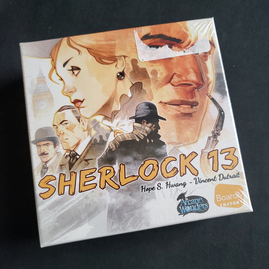 Image shows the front cover of the box of the Sherlock 13 card game