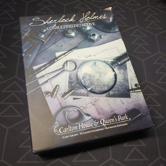 Image shows the front cover of the box for the Sherlock Holmes Consulting Detective: Carlton House & Queen's Park board game