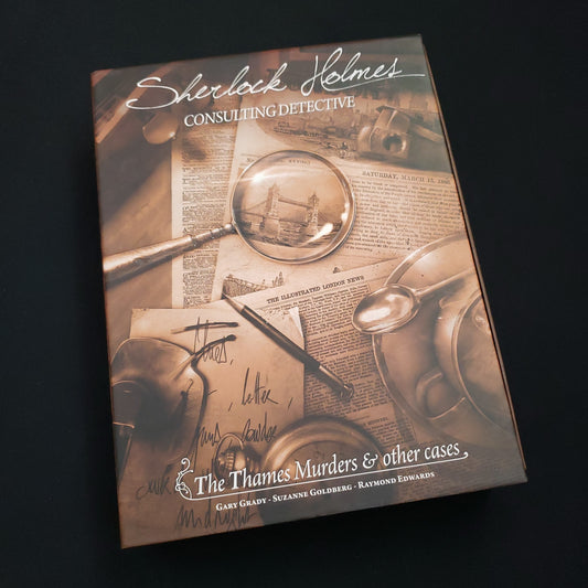 Image shows the front cover of the box of the game Sherlock Holmes Consulting Detective:  The Thames Murders and Other Cases