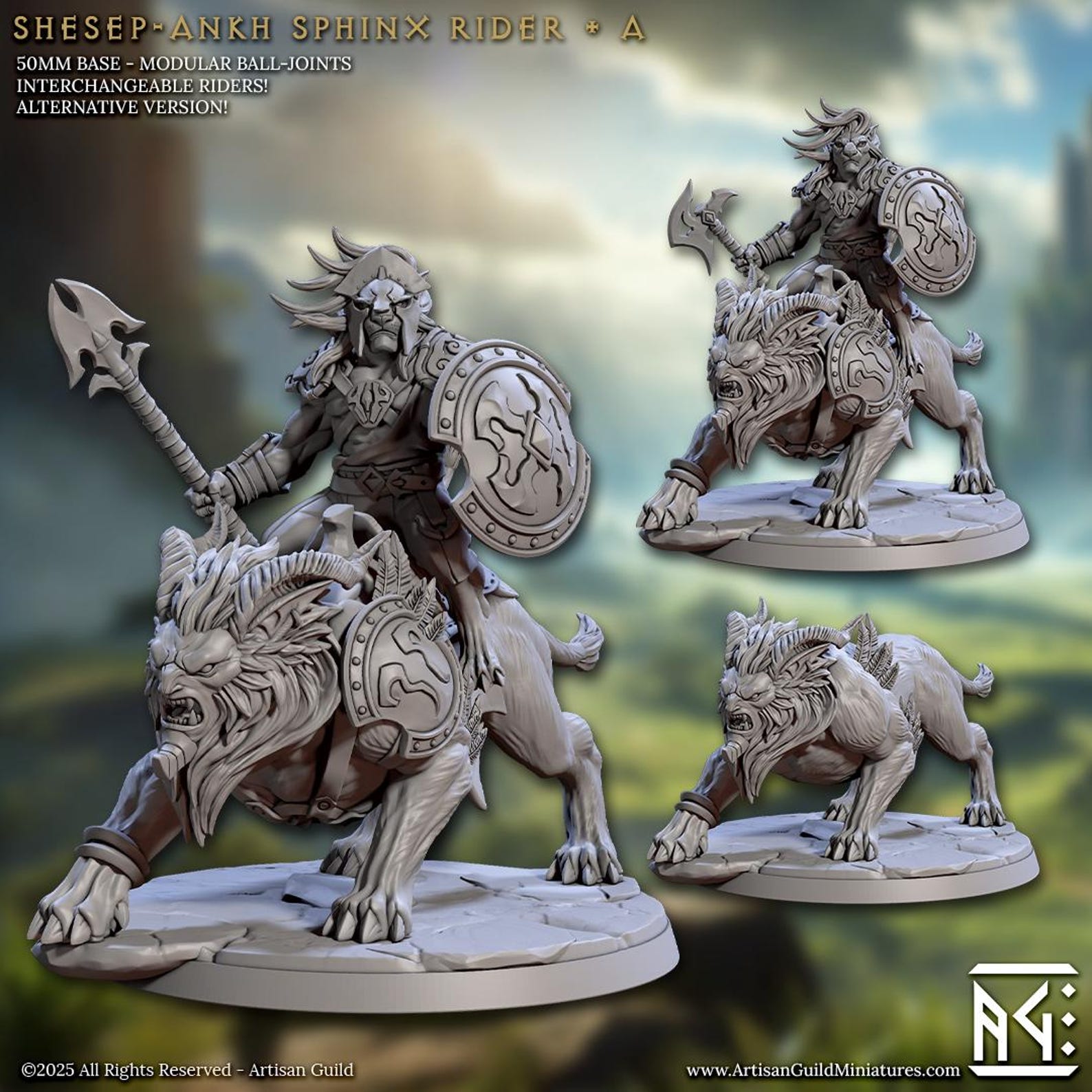 Image shows 3D renders of two sculpt options for a leonin warrior riding a sphinx gaming miniature.