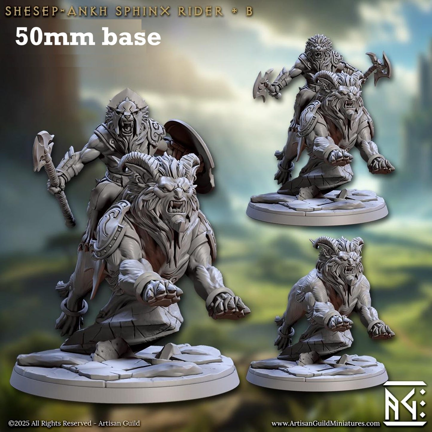 Image shows 3D renders of two sculpt options for a leonin warrior riding a sphinx gaming miniature.