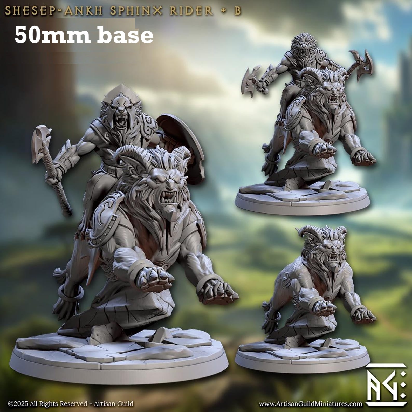 Image shows 3D renders of two sculpt options for a leonin warrior riding a sphinx gaming miniature.