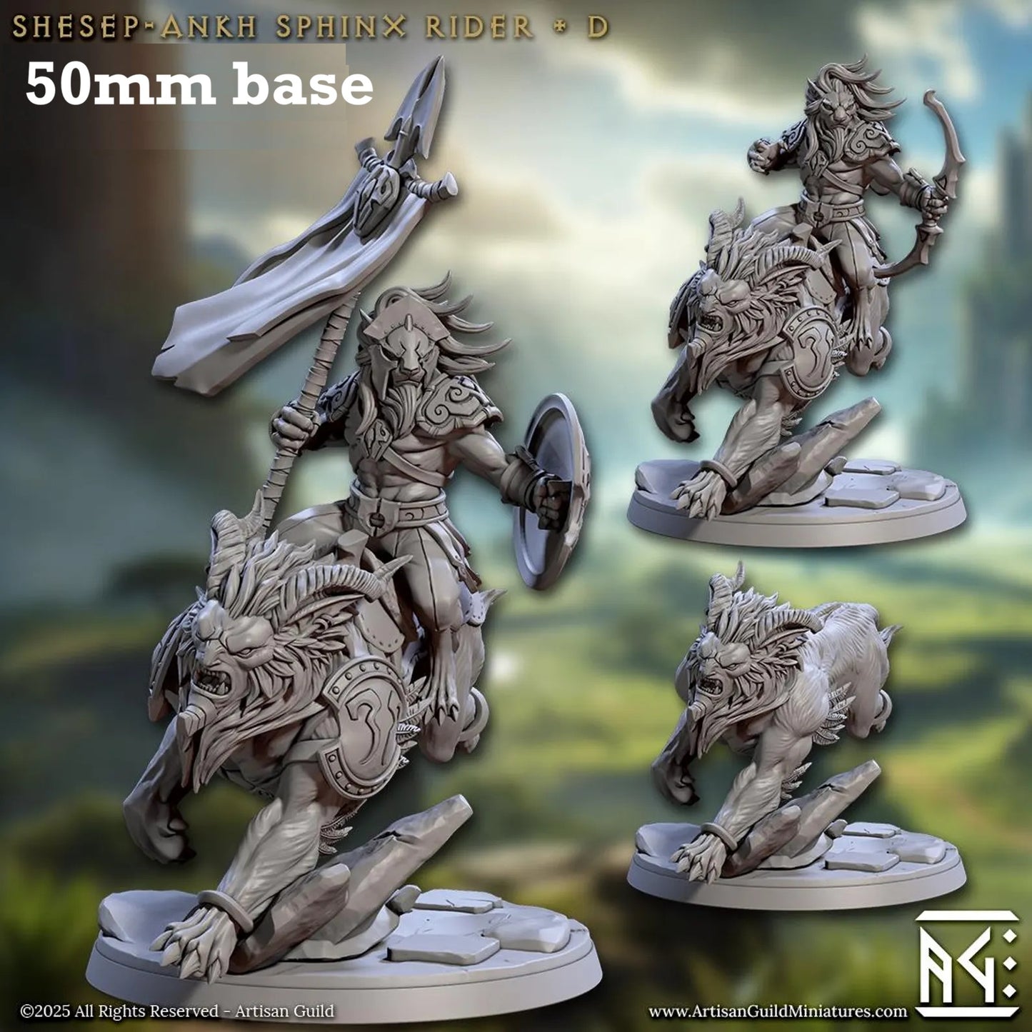 Image shows 3D renders of two sculpt options for a leonin warrior riding a sphinx gaming miniature.
