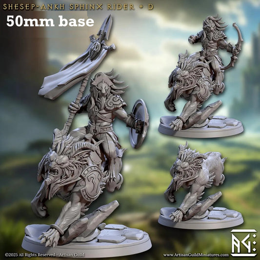 Image shows 3D renders of two sculpt options for a leonin warrior riding a sphinx gaming miniature.