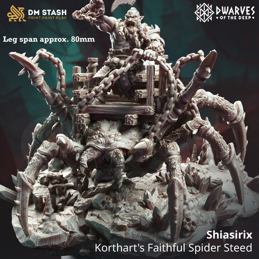 Image shows a 3D render of a gaming miniature featuring a dwarf berserker riding a giant spider