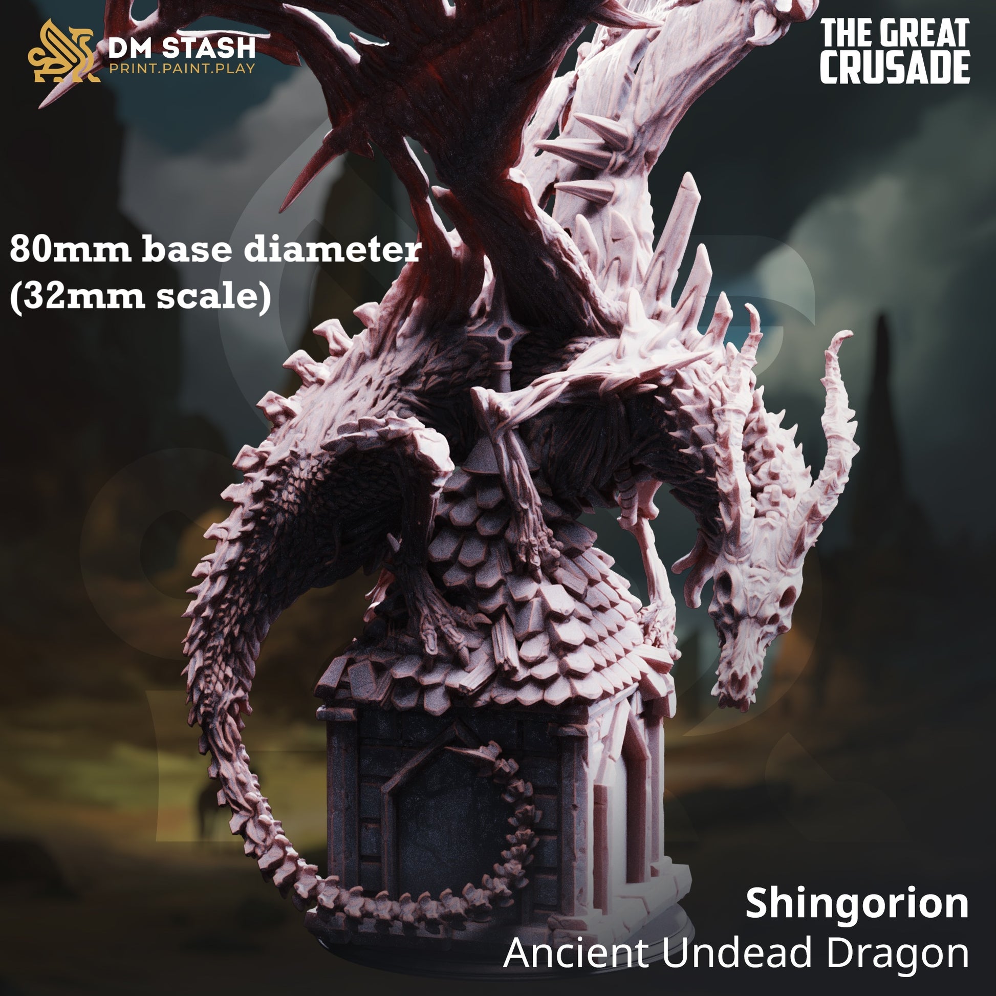 Image shows a 3D render of an undead dragon gaming miniature.