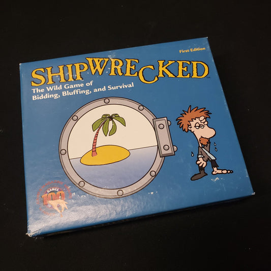 Image shows the front cover of the box of the Shipwrecked card game