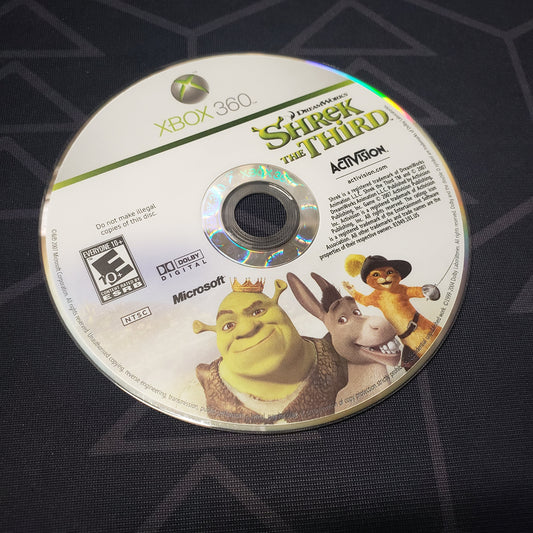 Image shows the label side of the game disc for the video game Shrek the Third for the Xbox 360