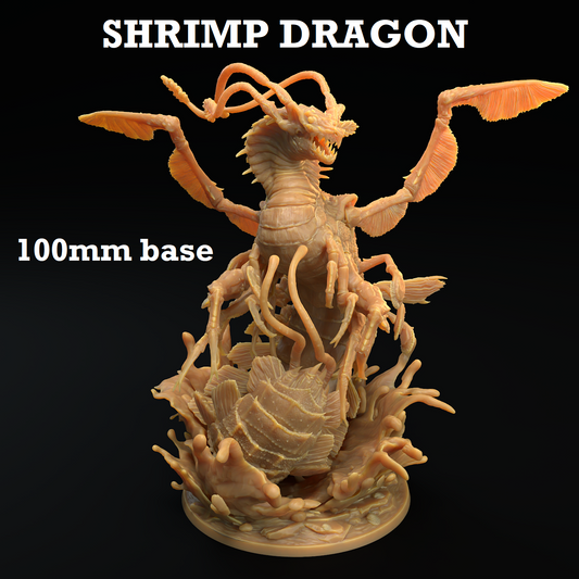 Image shows a 3D render of a shrimp dragon gaming miniature.
