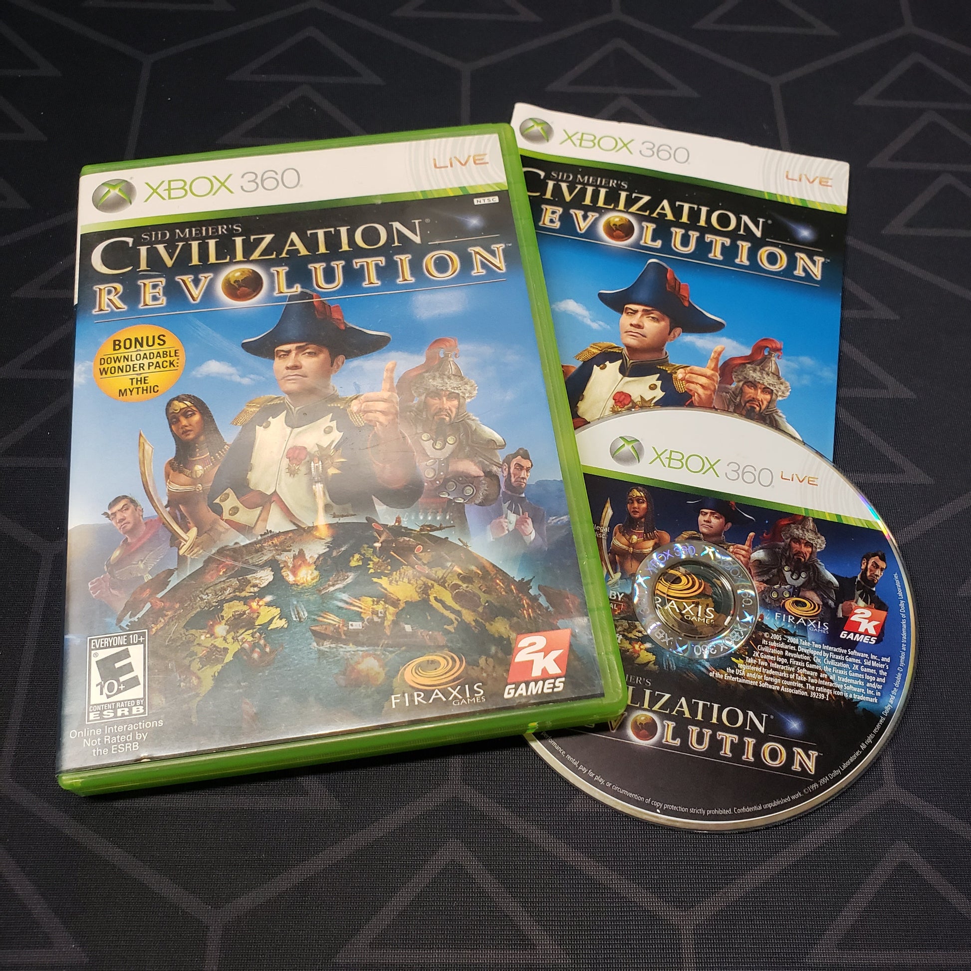 Image shows the case, manual and disc for the video game Sid Meier's Civilization Revolution for Xbox 360