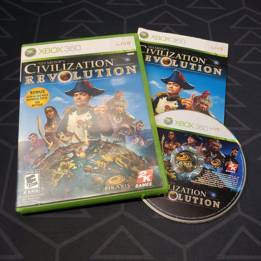 Image shows the case, manual and disc for the video game Sid Meier's Civilization Revolution for Xbox 360