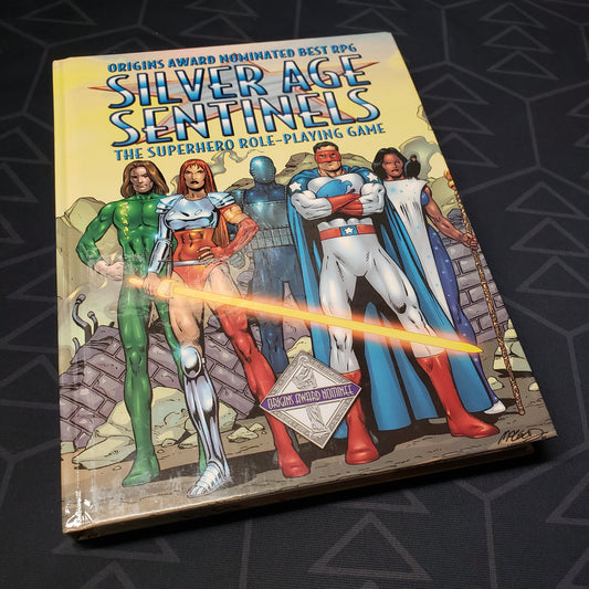 Image shows the front cover of the core rulebook for the roleplaying game Silver Age Sentinels