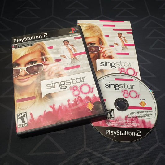 Image shows the case, manual and disc for the video game SingStar '80s for Playstation 2