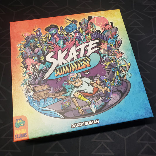 Image shows the front cover of the box for the Skate Summer board game