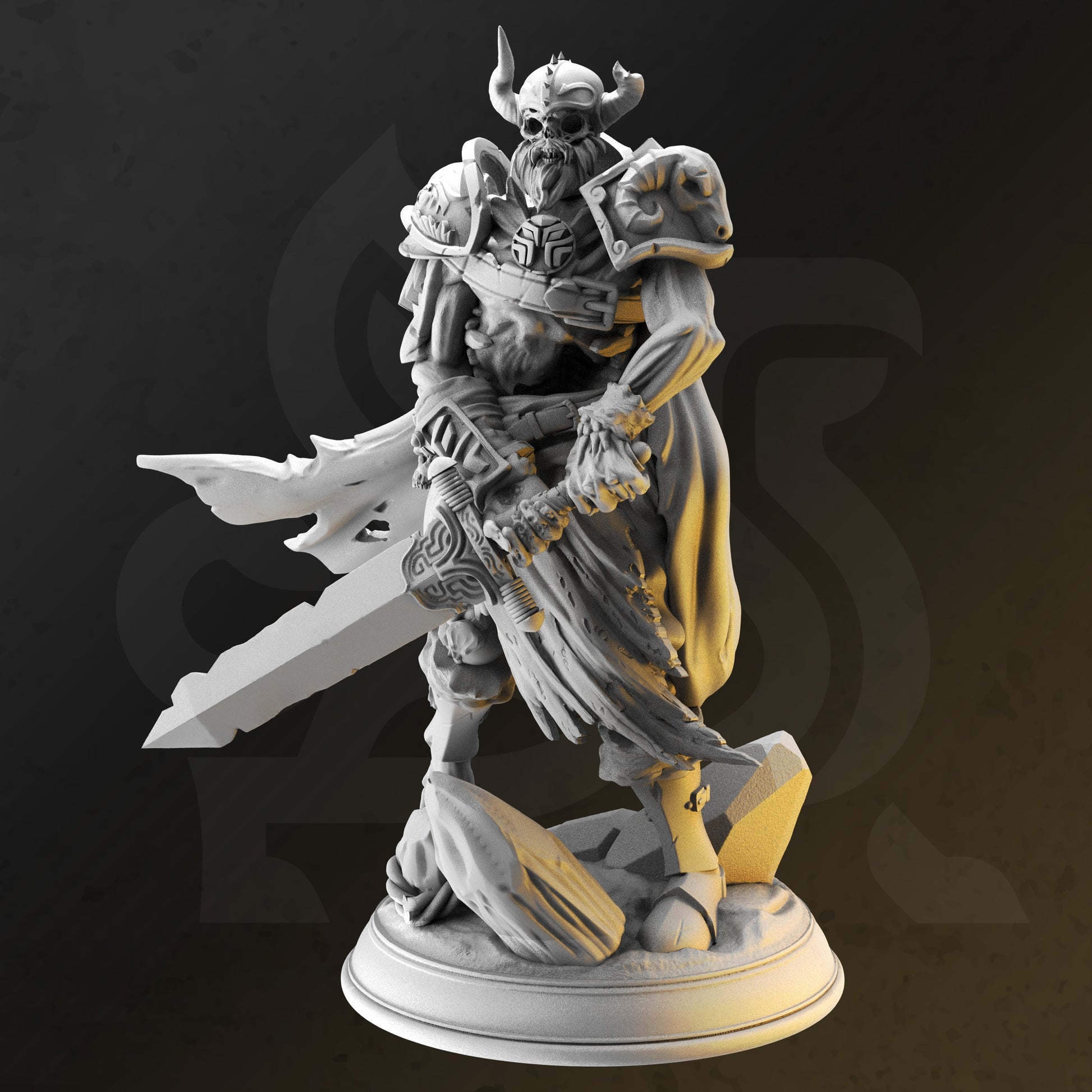 Image shows an 3D render of a helmeted skeleton warrior gaming miniature, holding a large two-handed sword