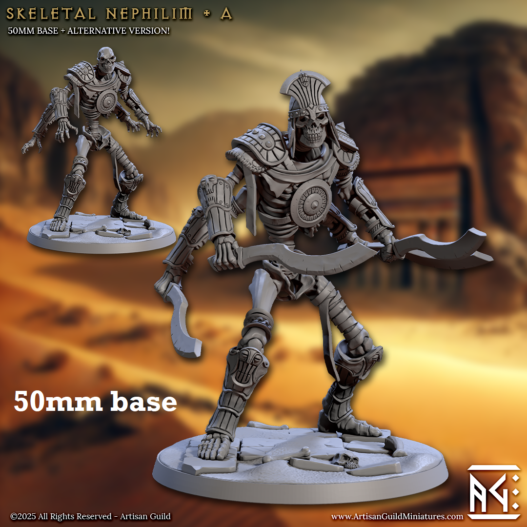 Image shows 3D renders of two sculpt options for a four-armed skeleton warrior gaming miniature.