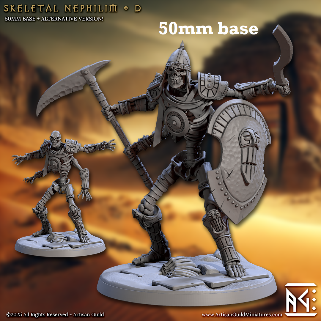 Image shows 3D renders of two sculpt options for a four-armed skeleton warrior gaming miniature.
