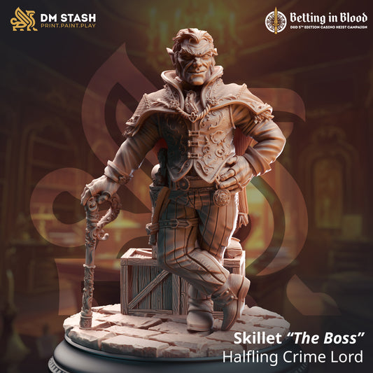 Image shows a 3D render of a halfling crime boss gaming miniature