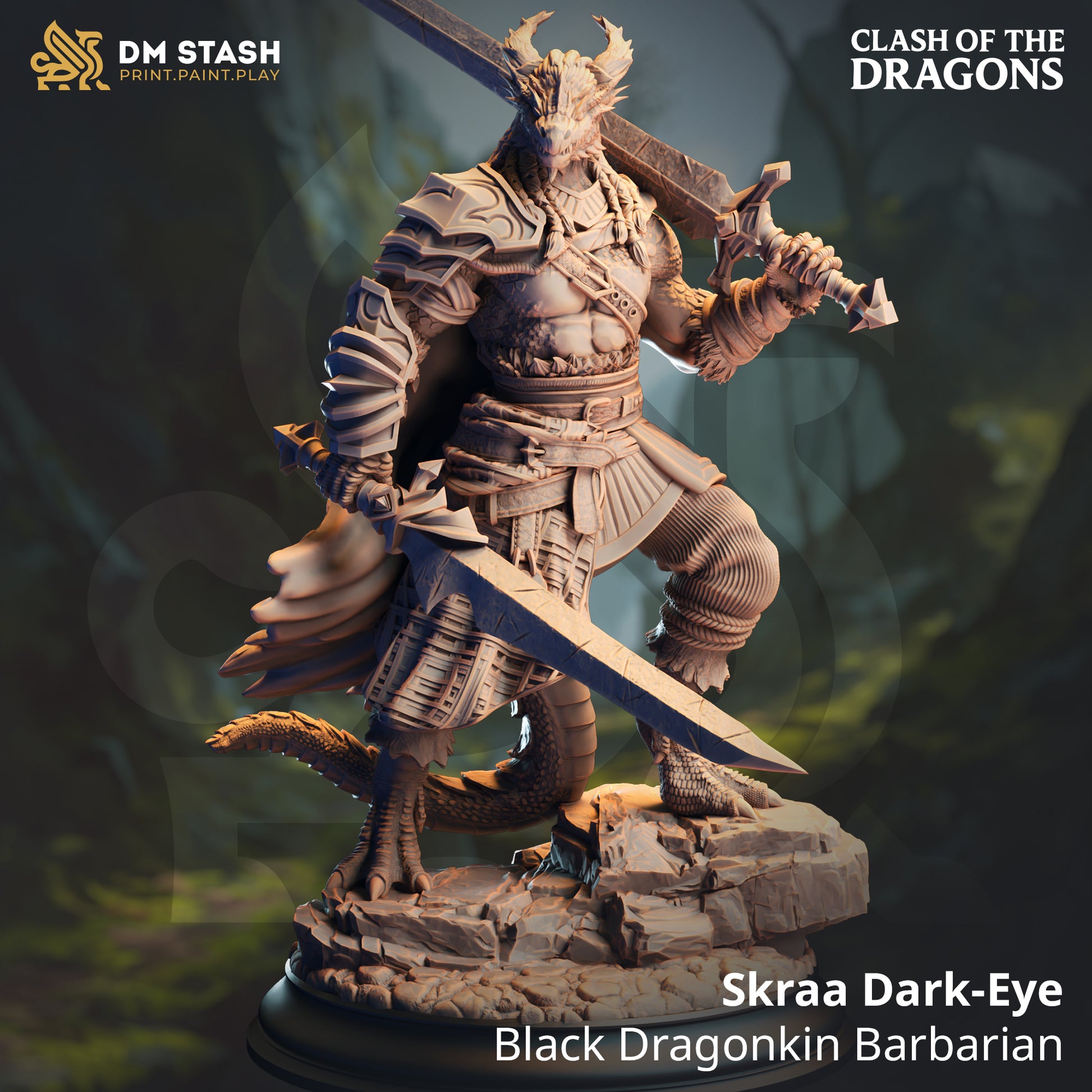 Image shows a 3D render of a dragonborn barbarian gaming miniature.