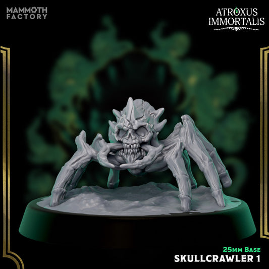 Image shows a 3D render of a skull spider gaming miniature.