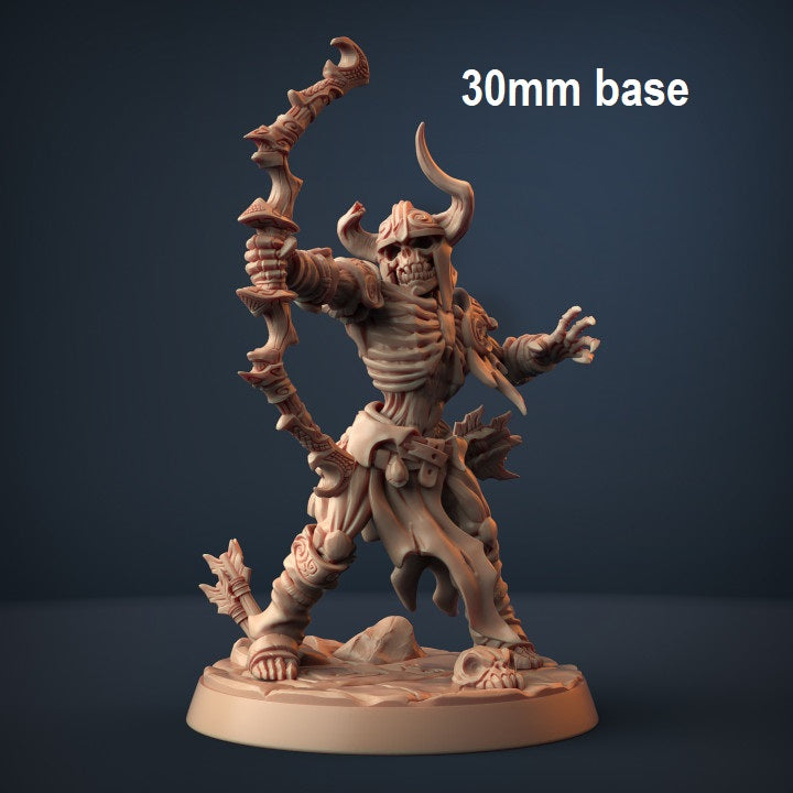 Image shows an 3D render of a draugr skeleton warrior gaming miniature holding a bow wearing a helmet