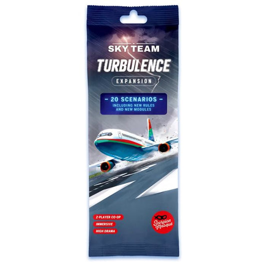 Image shows the front of the package of the Turbulence expansion for the board game Sky Team